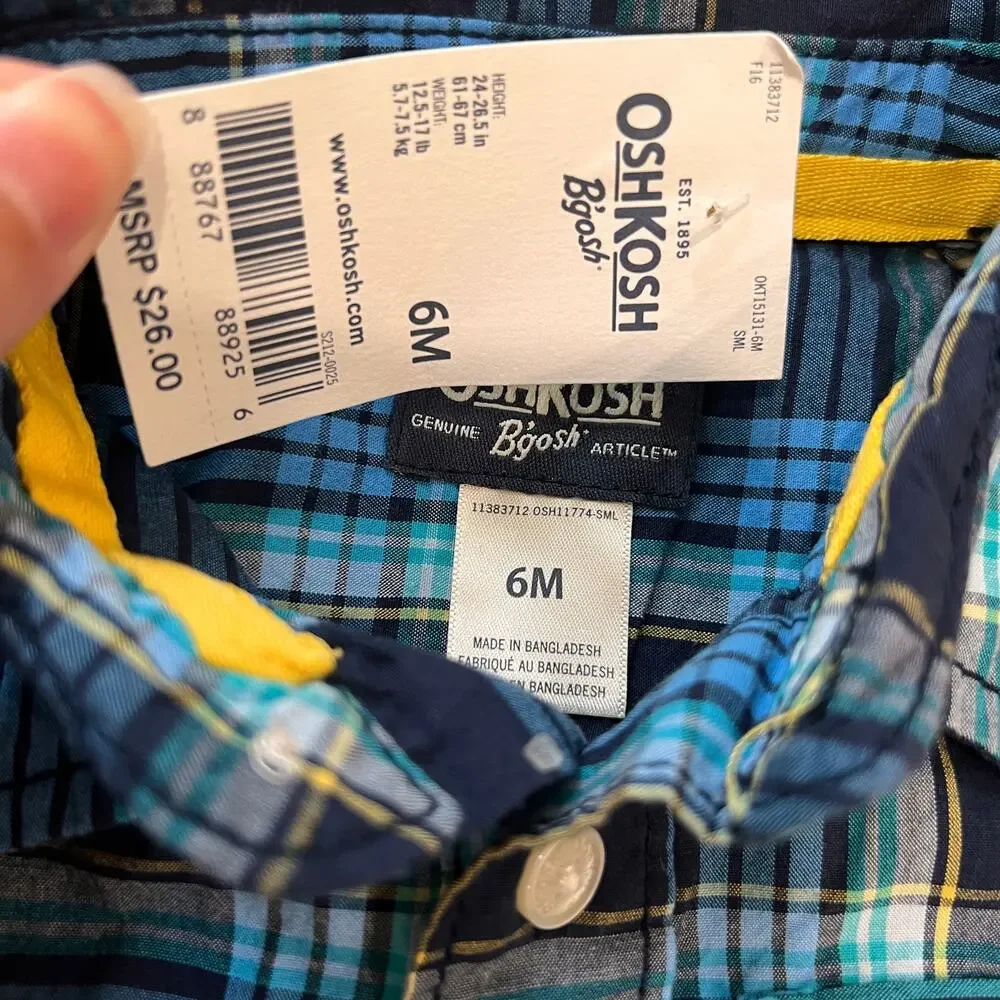 NEW Oshkosh Navy Blue Plaid Button Up Baby Onesie Shirt 6 Months